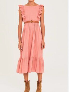 ba&sh Terracotta Pink Ruffle Tiered Midi Dress - Elastic Waist V-Back